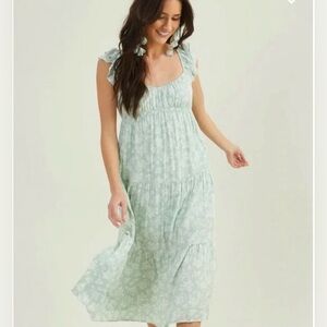 Altar'd State Sage Green Floral Tiered Dress - Ruffle Sleeve - Size Medium